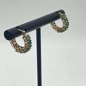 Designer Green Emerald 14k MEXICO Yellow Gold 585‎ Filigree Huggie Hoop Earrings